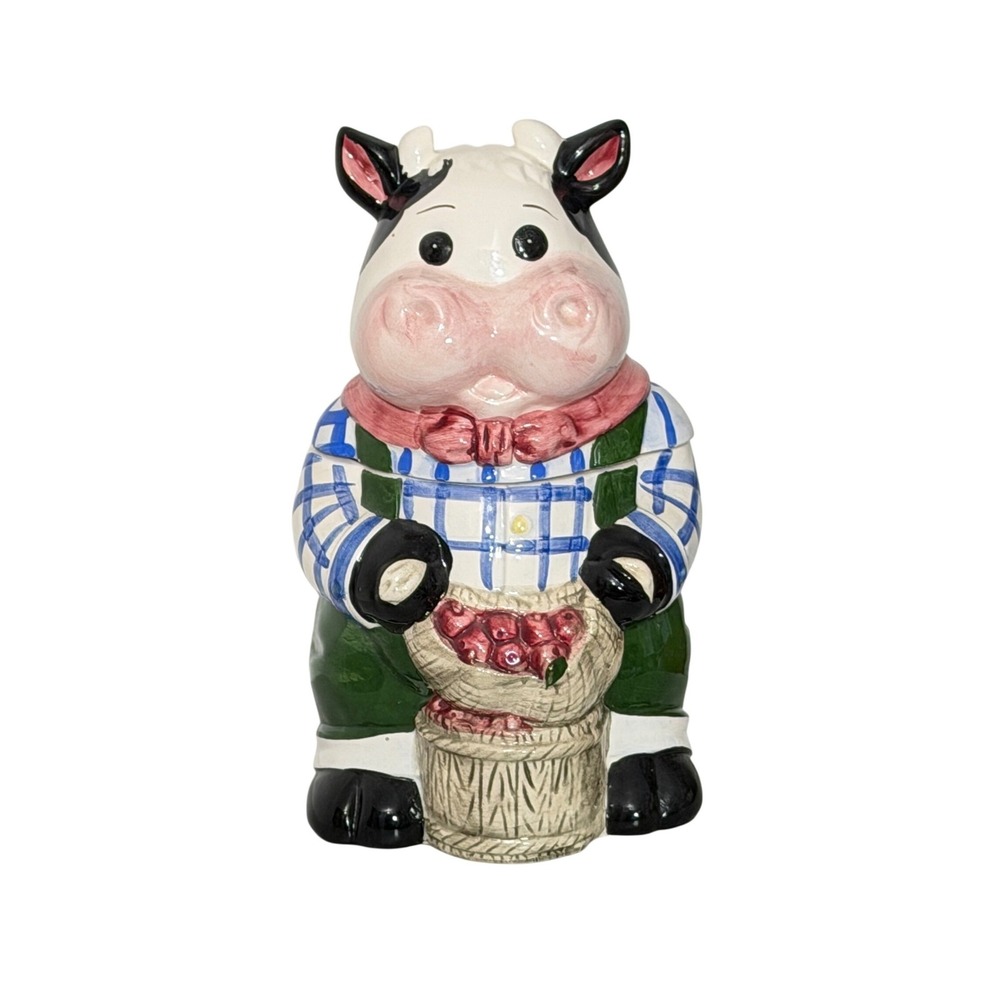 Vintage 80's Cow Cookie Jar  Multicolor Plaid Overalls Apple Basket